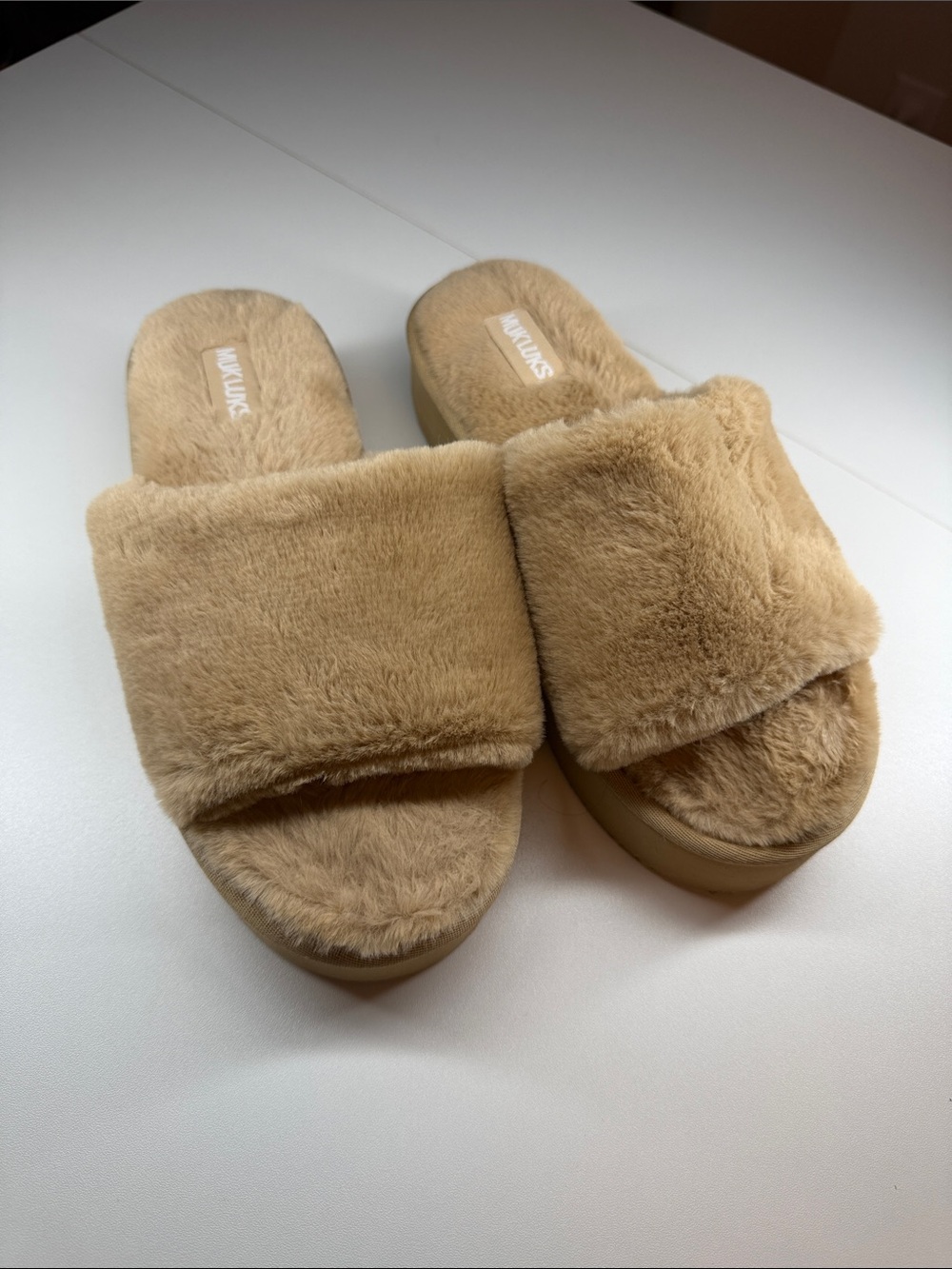 Muk Luks Plush Faux-Fur Slide Sandals in Tan